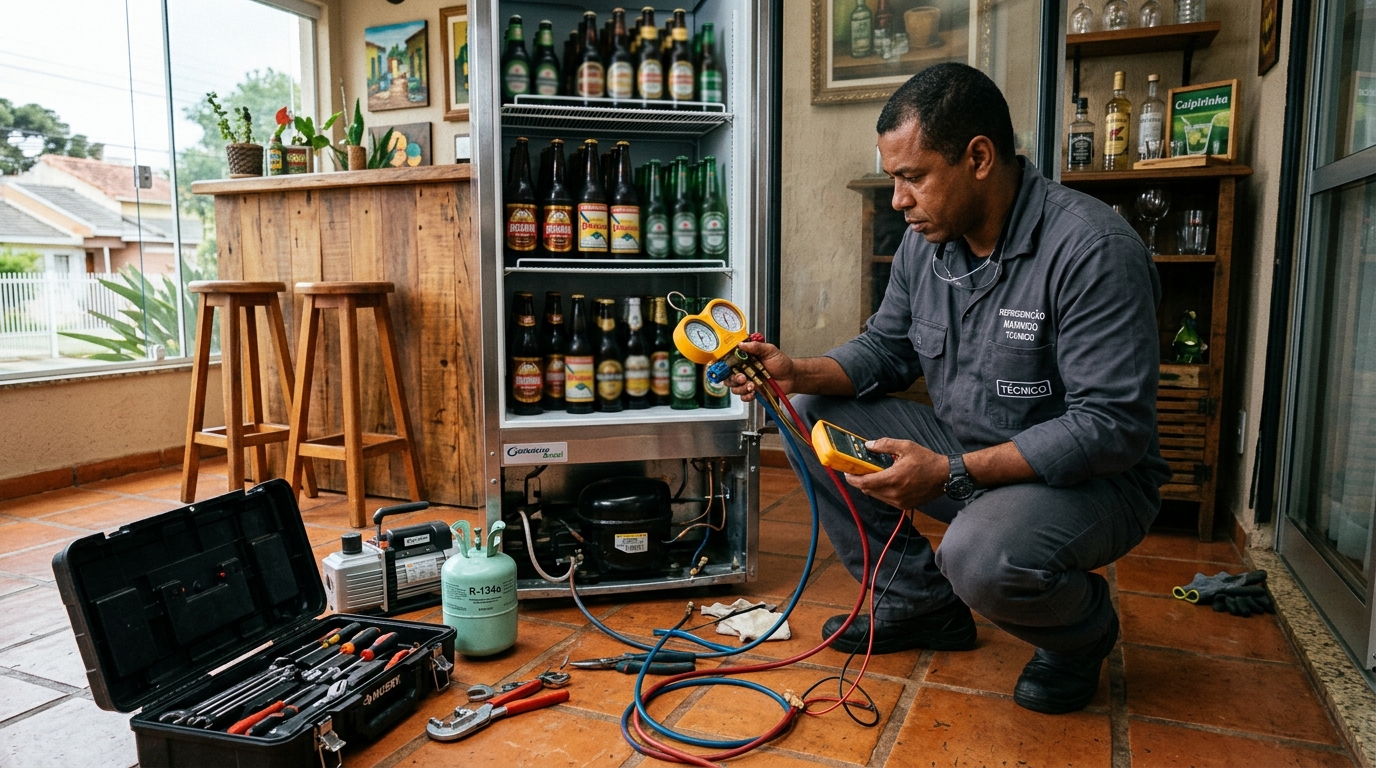 Profissional executando reparo no motor de cervejeira em Joinville‑SC