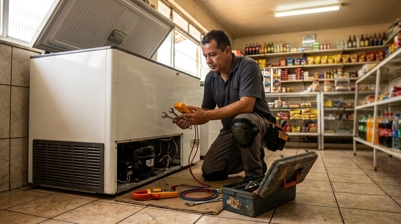 Profissional executando manutenção no motor de freezer em Comasa, Joinville‑SC