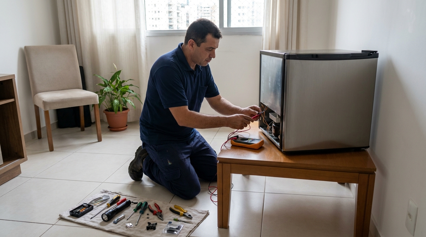 Técnico fazendo manutenção do motor de frigobar em Comasa, Joinville‑SC