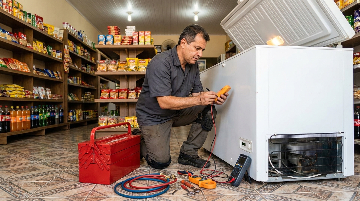Recarga de gás refrigerante no freezer durante atendimento em Comasa, Joinville‑SC
