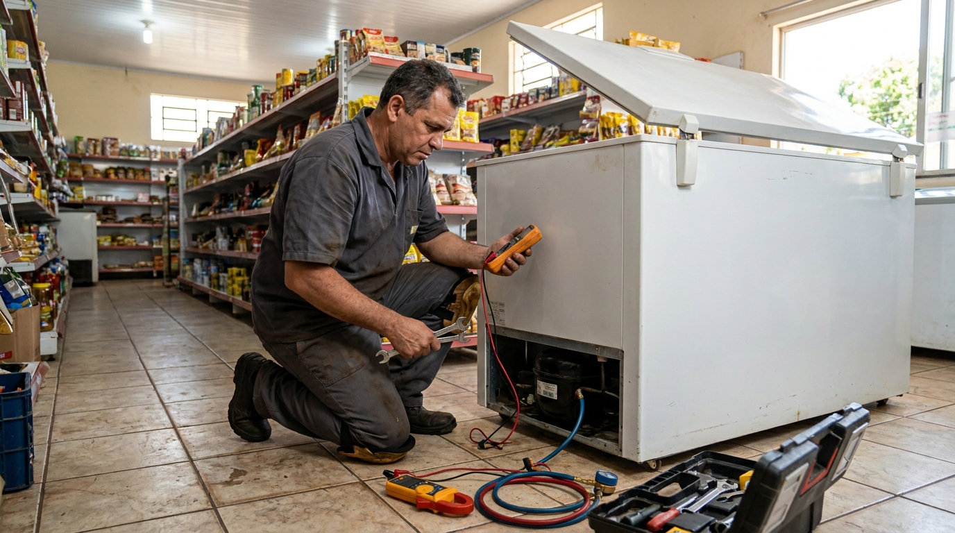 Substituição de termostato de freezer em visita técnica em Comasa, Joinville‑SC